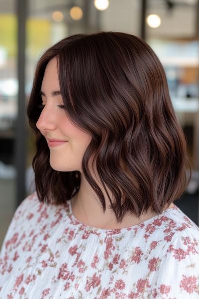 A woman with dark chocolate brown, shoulder-length wavy hair and a side parting.