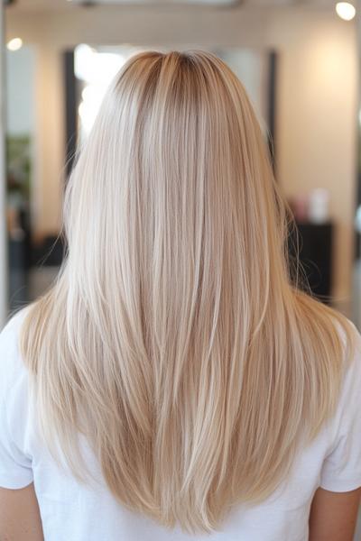 A person with straight, long light ash blonde hair, styled with a sleek and smooth finish.