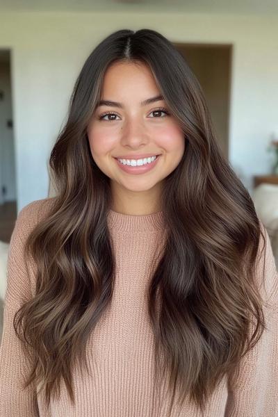 A woman with dark brown hair styled in loose, flowing waves, wearing a beige jumper and smiling at the camera.