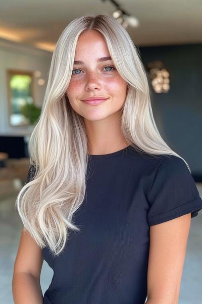 A woman with long, sleek, light ash blonde hair styled in loose waves, wearing a black short-sleeve top.