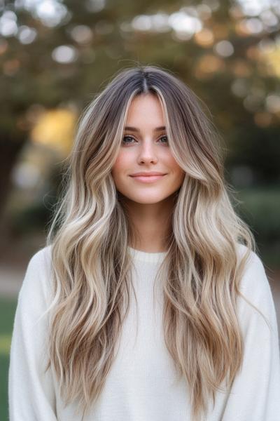 A woman with long, wavy blonde hair featuring dark brown streaks, creating a natural, sun-kissed look.