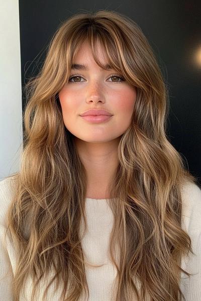 A person with long, wavy hair styled with curtain bangs, wearing a light-coloured top and posing against a dark background.