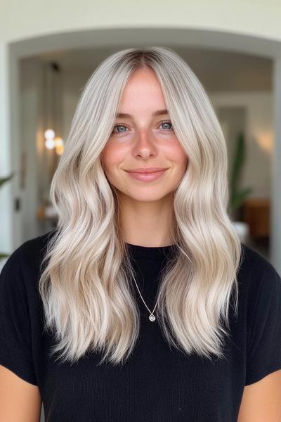 A woman with light ash blonde wavy hair, parted down the middle, is smiling and wearing a black top.