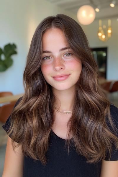 A woman with dark chocolate brown, wavy, shoulder-length hair and a centre parting smiles softly in a modern, brightly lit indoor setting.