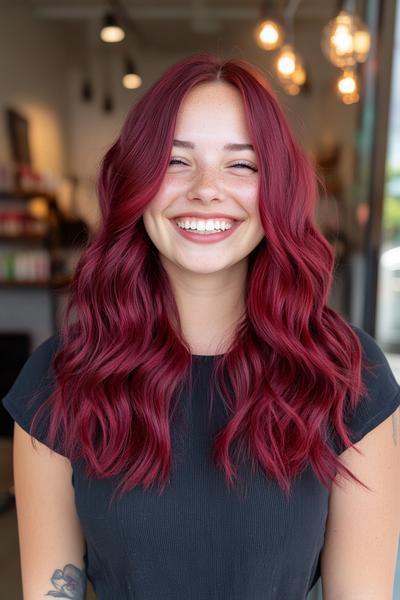 A woman with long, wavy, dark burgundy red hair, styled with a middle parting, is smiling in a well-lit salon.