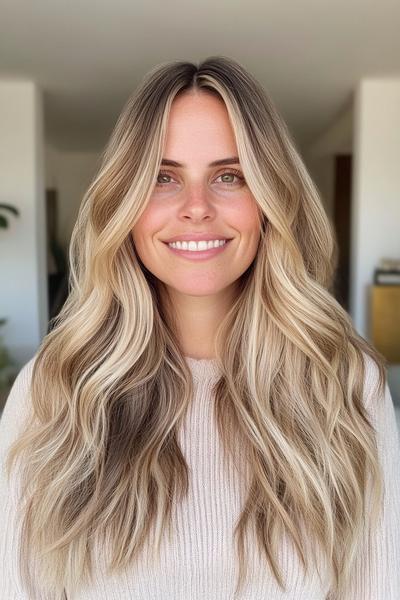 A woman with long, wavy blonde hair featuring subtle dark brown streaks, styled with a centre parting.