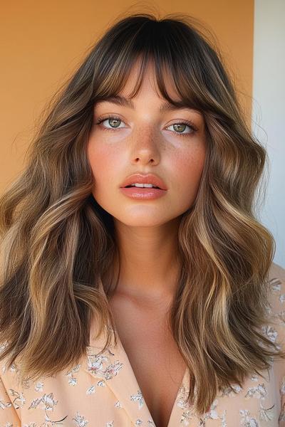 A woman with long, wavy hair styled with curtain bangs gazes directly at the camera.