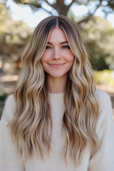 A woman with long, wavy blonde hair featuring subtle dark brown streaks and a middle parting.