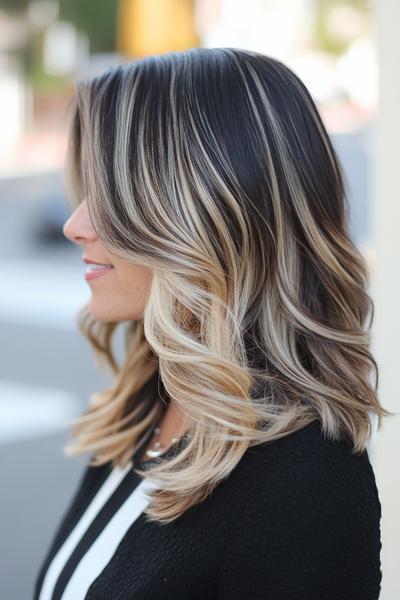 A woman with side-parted, shoulder-length black hair is styled with striking blonde highlights and loose waves.