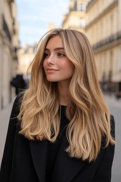 A woman with long, blonde hair featuring dark brown streaks, styled in loose waves, standing outdoors in an urban setting.