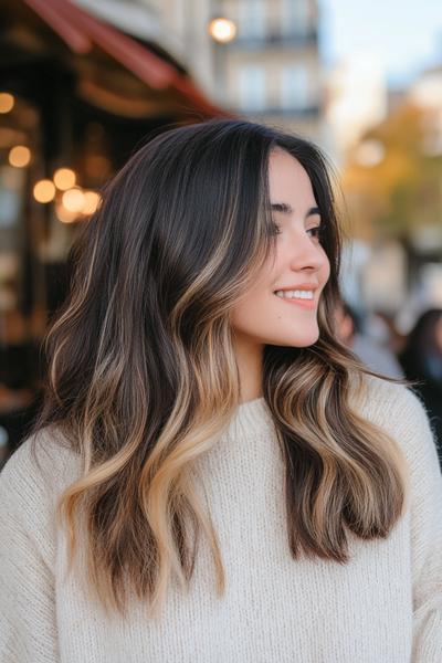 A woman with long, wavy black hair featuring blonde highlights near the front, smiling and looking to the side while wearing a cream sweater.