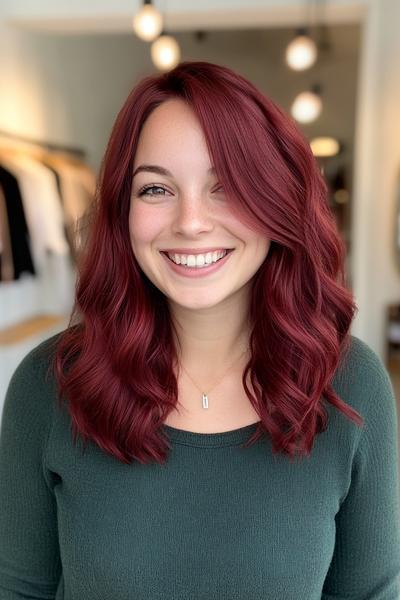 A woman with shoulder-length, wavy burgundy dark red hair is smiling in a brightly lit indoor setting.