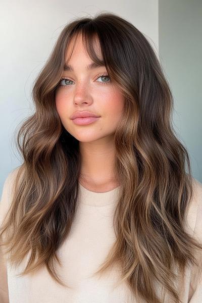 A woman with long, wavy hair and curtain bangs, showing a natural, voluminous hairstyle.