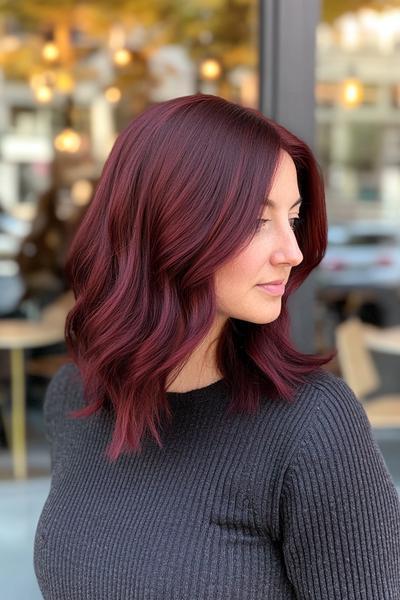 A woman with shoulder-length, wavy burgundy dark red hair styled in loose curls.