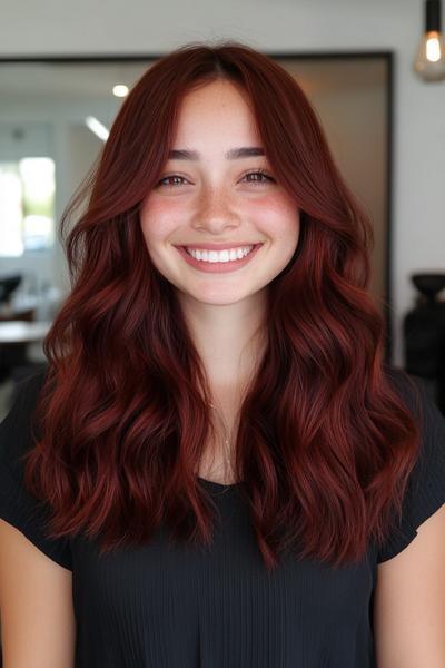 A person with dark auburn, wavy hair styled in loose, natural waves while smiling.