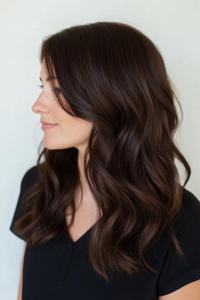 A woman with wavy, dark chocolate brown hair styled in loose waves, wearing a black top.