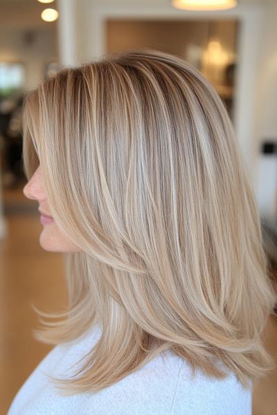 Blonde hair with subtle dark brown streaks, styled straight, falling just below the shoulders, and parted to the side.