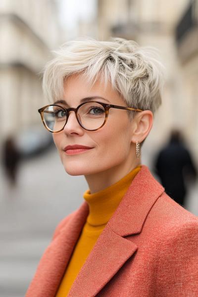 An older woman with glasses sports a trendy platinum blonde pixie cut, complementing her stylish coral jacket and mustard turtleneck.