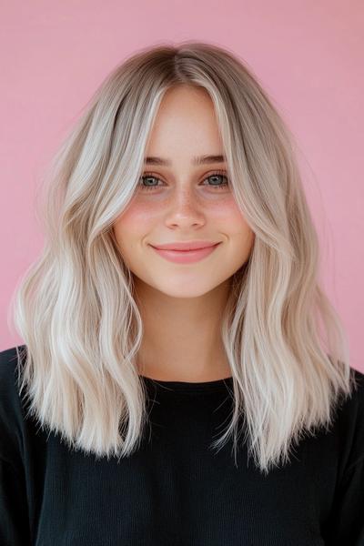 A woman with light ash blonde, wavy, shoulder-length hair set against a pink backdrop.