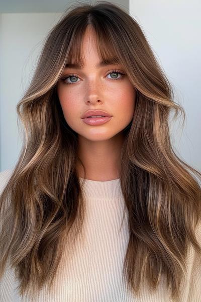 A woman with long, wavy hair styled with curtain bangs, creating a soft, face-framing look.