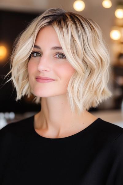 A woman with chin-length, wavy blonde hair featuring dark roots, styled in loose waves for a modern, youthful look.