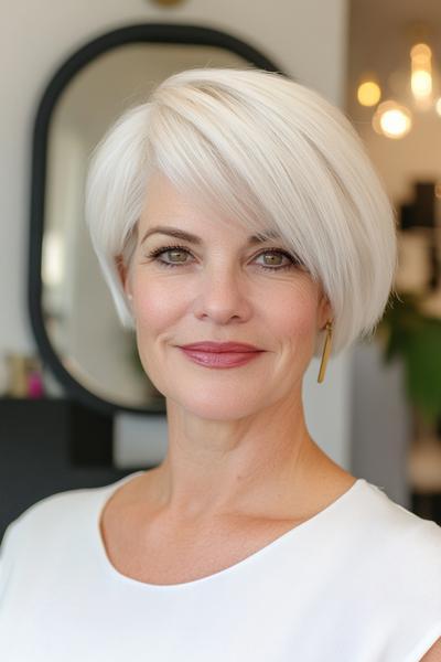 An elegantly styled short, layered bob with a side part, featuring smooth, white hair that adds a sophisticated touch.