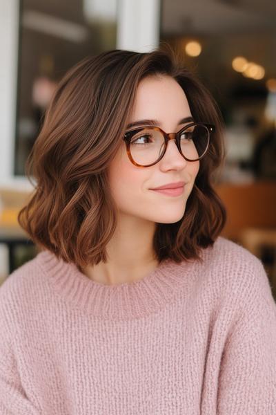 A woman with dark chocolate brown, wavy shoulder-length hair wears glasses and a cosy, light-pink jumper.