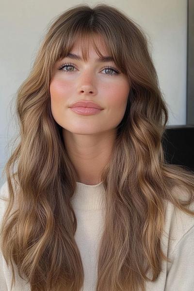 A woman with long, wavy hair featuring curtain bangs that frame her face, creating a soft and stylish look.