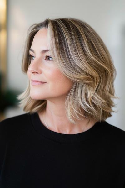 A woman with a medium-length, wavy blonde bob hairstyle featuring subtle highlights.