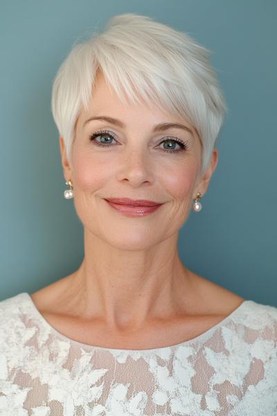 A short, stylish pixie cut with side-swept bangs on a woman with white hair.