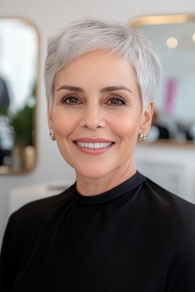 A short, stylish pixie cut with neatly trimmed, soft grey hair.