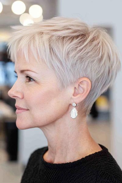 A short, choppy hairstyle for older women, featuring textured layers and a side-swept fringe for a modern, youthful look.