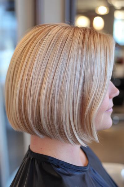 A sleek blonde bob haircut featuring smooth and straightened strands, ending just above the shoulders.