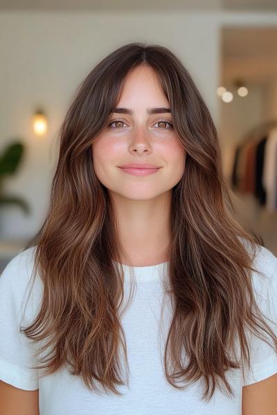 A woman with long, wavy hair styled with curtain bangs.