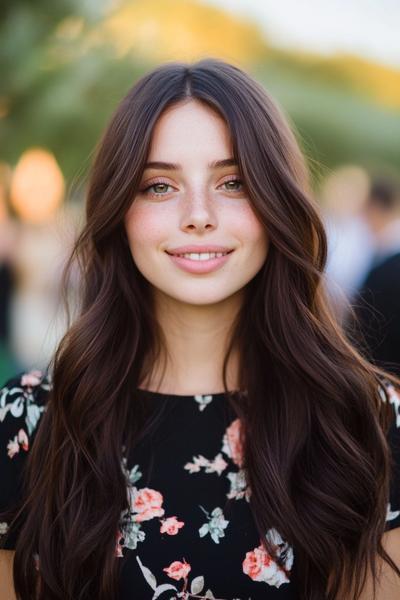 A woman with long, wavy dark brown hair styled in loose waves, wearing a black floral dress.