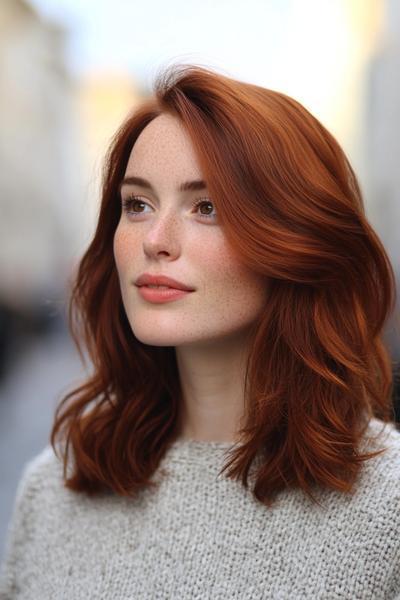 A woman with dark auburn hair styled in loose waves, reaching just past her shoulders, and wearing a grey sweater.