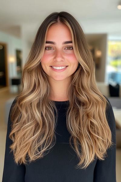 A woman with long, wavy blonde hair featuring dark brown streaks.