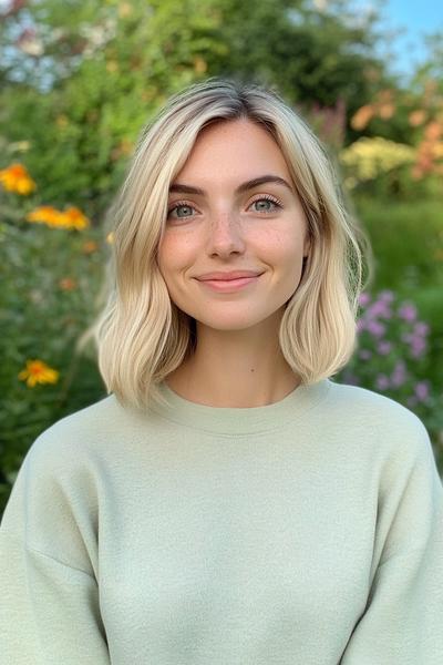 A woman with light ash blonde hair styled in a shoulder-length, softly waved bob, wearing a light green sweater, stands in a garden.