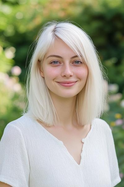 A woman with light ash blonde, shoulder-length hair styled in a straight, sleek bob, smiling gently while wearing a white top.