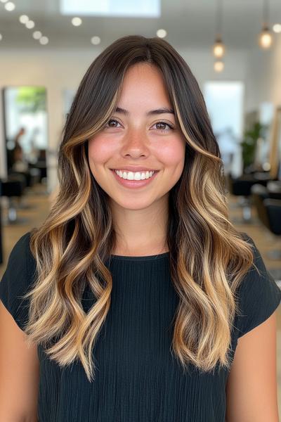 A woman with long, wavy black hair featuring blonde highlights smiling in a modern salon.