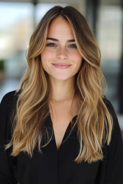 A woman with long, wavy hair and curtain bangs is smiling and facing the camera.