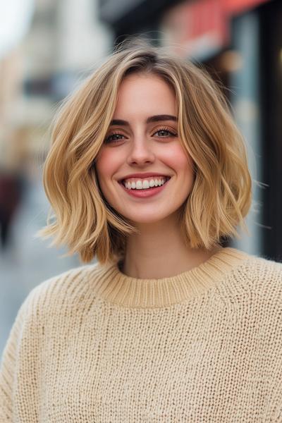 A woman with a soft, wavy blonde bob hairstyle smiles while wearing a beige knit jumper.