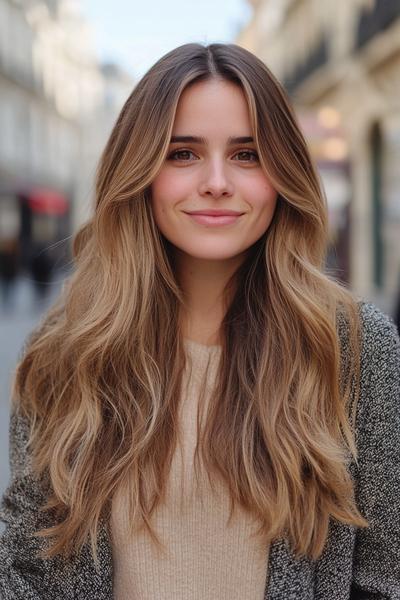 Woman with long, wavy, blonde hair featuring rich, dark brown streaks.