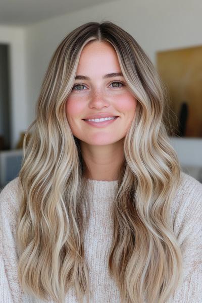 A blonde individual with dark brown streaks in their long, wavy hair, wearing a cosy beige sweater, is smiling against a blurred indoor background.