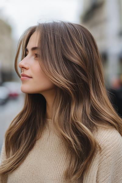 A woman with long, wavy hair featuring curtain bangs that gracefully frame her face.