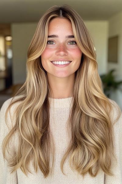 A woman with long, wavy, blonde hair features dark brown streaks, creating a sophisticated and natural contrast.