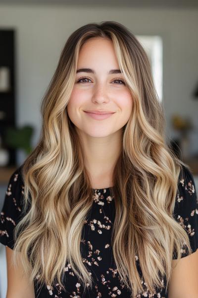 A woman with long, wavy blonde hair highlighted with dark brown streaks, smiling at the camera.