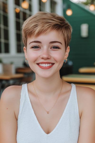 A young woman with a blonde undercut pixie hairstyle, featuring short, textured layers and a slightly longer top, smiles while wearing a white tank top.