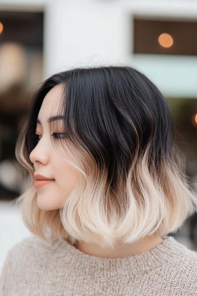 A woman with shoulder-length black hair with blonde highlights styled in a soft, wavy bob.