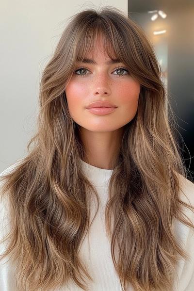 A woman with long, wavy hair styled in curtain bangs.